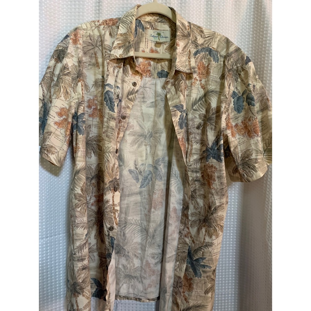Island Shores Mens XL Palm Tree Nautical Map Print Cotton Short Sleeve Shirt Tan